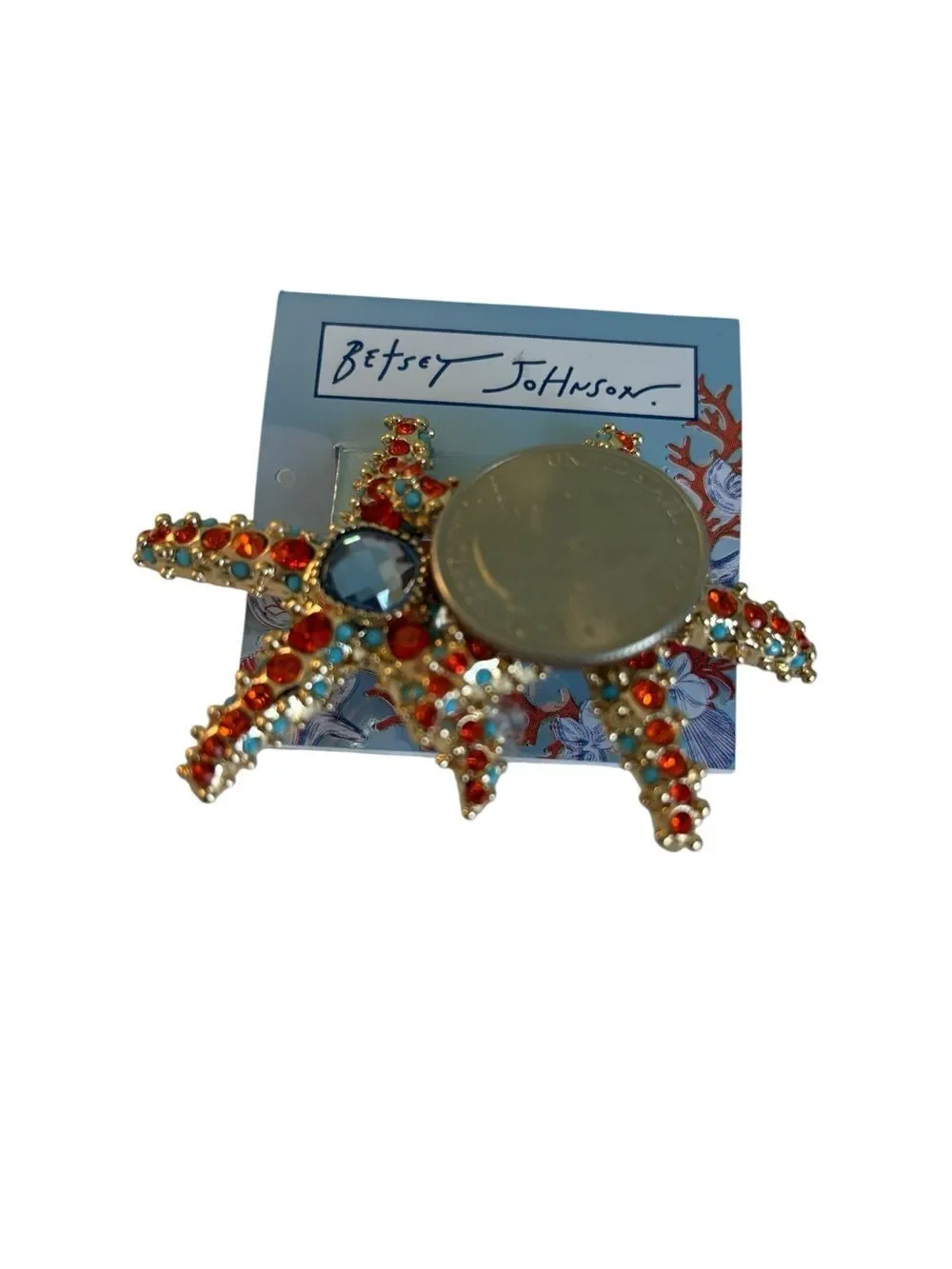 Betsey Johnson Gold Tone Starfish Earrings w/ Turquoise & Orange Crystals.
